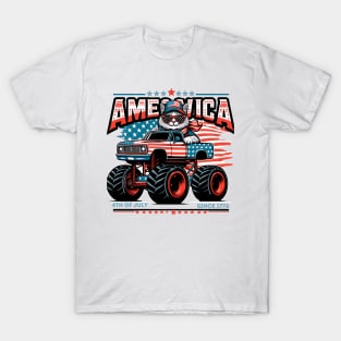 AMEOWICA cat drives a monster truck 4th of July independence T-Shirt